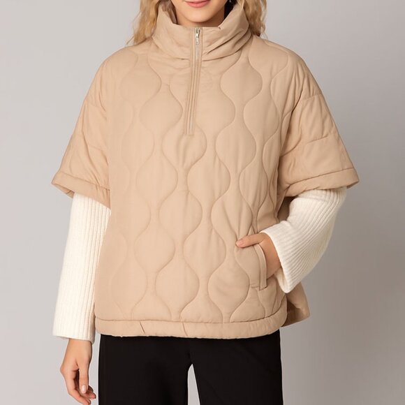 Quilted Short Sleeves Puffer Pullover Poncho in Beige / Camel. - Picture 1 of 2
